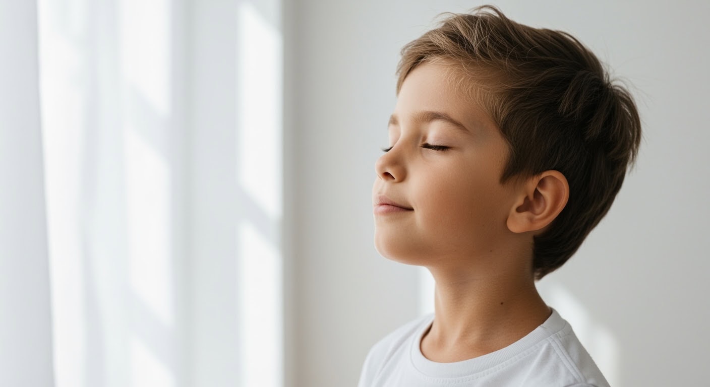Child practicing breathing exercises showing vagus nerve and child behavior connection for nervous system health