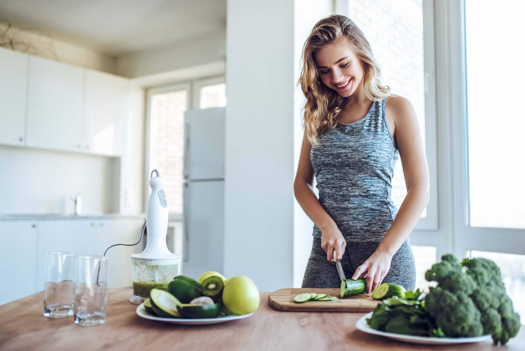 Preparing vegetables in a bright kitchen