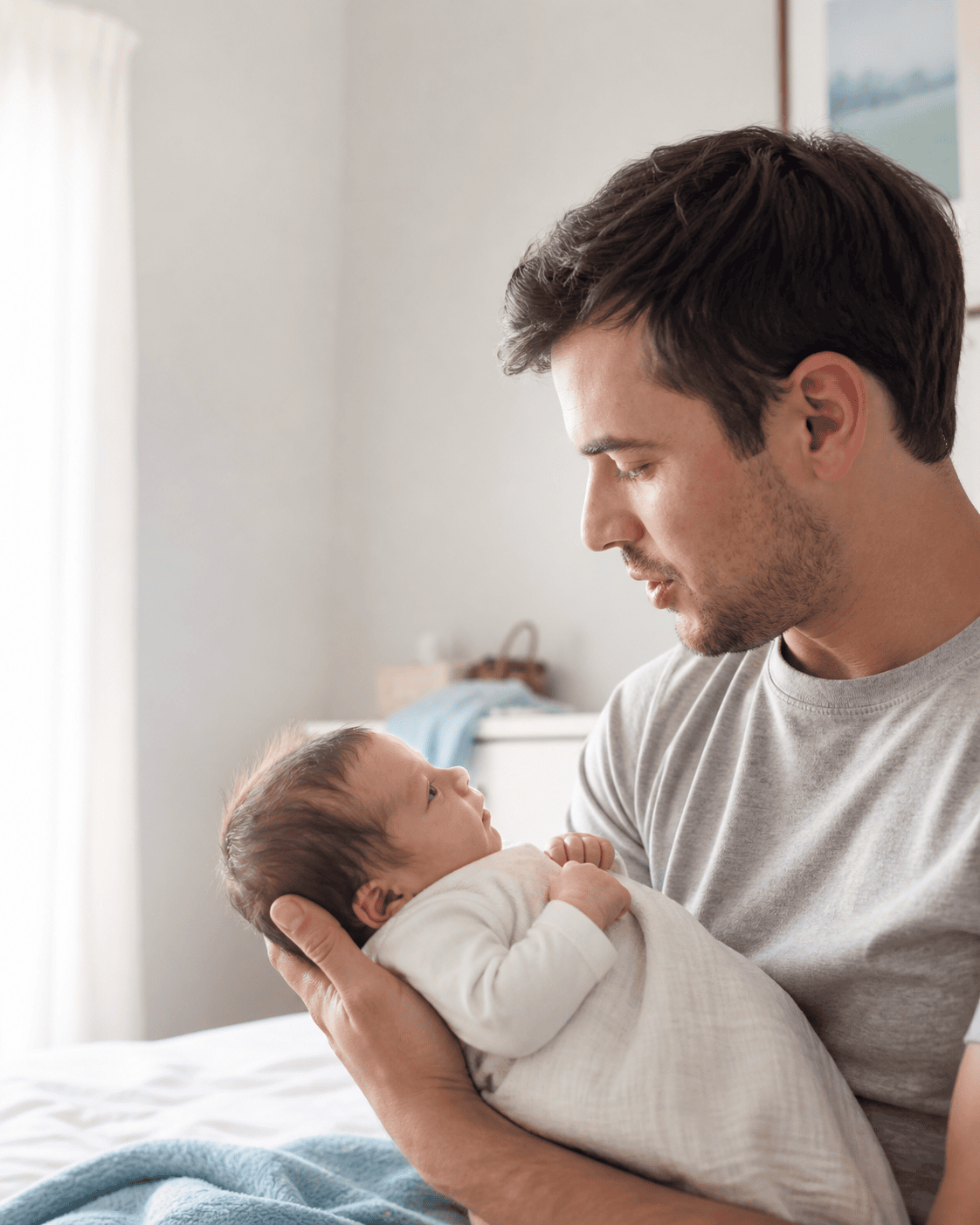 Father holding his newborn with calm attention